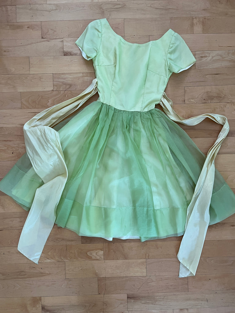 1950s Chartreuse Light Green Fit & Flare Dress Sheer Overlay Super Full Skirt 1950s Chartreuse Light Green Fit & Flare Dress Sheer Overlay Super Full Skirt