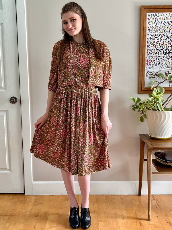 50s floral print flare combo dress 1950's/60's Yellow Floral Fit and Flare Summer Garden Party Dress / Rockabilly / Pin-up / Rare Collectable Retro