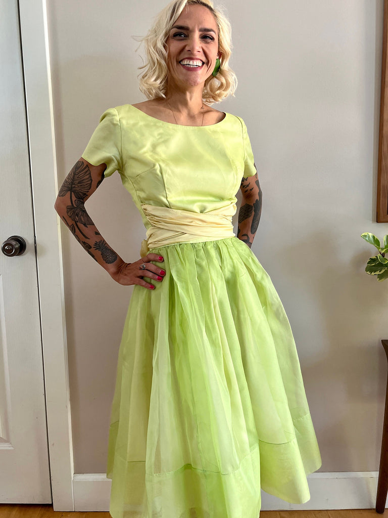 1950's chartreuse light green fit & flare dress sheer overlay super fu Kings Finest Vintage 1950's chartreuse light green fit & flare dress sheer overlay super fu Kings Finest Vintage
