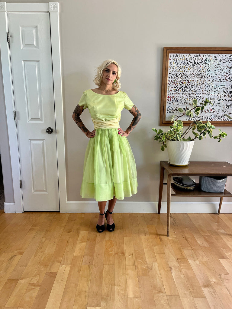 1950s chartreuse light green fit & flare dress sheer overlay super full skirt 1950s chartreuse light green fit & flare dress sheer overlay super full skirt